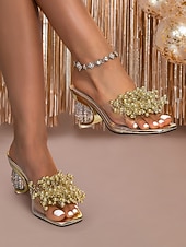 economico Sandali con tacco-tacchi trasparenti con perline di cristallo dorate per donna – sandali trasparenti con accenti decorativi dorati, perfetti per cocktail party