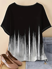 abordables Hauts d&#039;Art et de Design pour Femmes-Blouse femme ombrée élégante décontractée à manches courtes col rond hauts réguliers impression quotidienne noire été