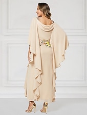 abordables Longueur du plancher-Robe colonne florale bleue mère de la mariée élégante taille plus col bijou longueur au sol chiffon manches demi-saison avec perles volants en cascade