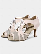 economico Scarpe per balli latini-scarpe da ballo nude con lacci e ritagli in rete – punta aperta, tacco medio per donna – perfette per lezioni di danza e spettacoli
