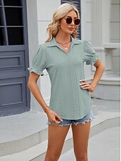 cheap Lace Tops-Women&#039;s Boho T-shirt Plain Bohemia Cute Stylish Short Sleeve Puff Sleeve V Neck Shirt Collar Regular Tops Daily Going out Weekend Ruffle Eyelet Sage Green Black White Pink Wine Summer
