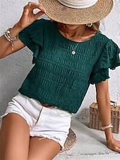 cheap Work Tops-Women&#039;s Blouse Solid Color Elegant Daily Stylish Short Sleeve Crew Neck Regular Tops Daily Holiday Going out Ruffle Patchwork Sage Green Red Navy Blue Purple Green Summer Spring