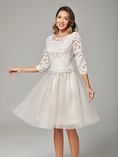 baratos Comprimento do chá-Vestido A-Line Mãe da Noiva Convidada de Casamento Elegante Decote Transparente Midi de Chiffon com Tule e Mangas 3/4 com Pregas e Aplicações 2025