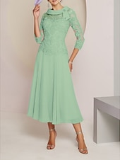 abordables Longueur du plancher-Robe Mère de la Mariée Ajustée  Colonne Invité de Mariage Fête Douce Col Scoop Longueur Thé Chiffon Dentelle Manches 3/4 Avec Plis Perles 2025 taille personnalisée gratuite