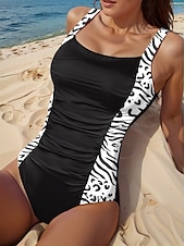 billiga One-piece-baddräkter-Kvinnors baddräkter enstyckad monokini baddräkt utan rygg magkontroll hög midja smal semester strandkläder leopard U-hals ärmlös baddräkter