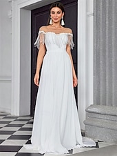 cheap Casual Wedding Dresses-Wedding Dresses Ball Gown Off Shoulder Sleeveless Sweep / Brush Train Chiffon Bridal Gowns With Pleats Solid Color