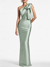 preiswerte SCHWARZ-Meerjungfrau Abendkleid Elegantes Kleid Formeller Hochzeitsgast Knöchellang Ärmellos Eine Schulter Satin mit Schleife(n) Schlitz Maskeradenkleid 2025