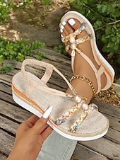 preiswerte Espadrillesandalen-Damen-Boho-Plateau-Keilsandalen – geflochtene Riemchensandalen mit Edelsteinakzenten für Freizeit, Strand und Urlaub