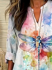 voordelige Dieren Toppen-Dames Blouse Vlinder Kleurgradatie Hawaii Basic Casual Lange mouw V-hals Normale tops Dagelijks Feestdagen Knop Afdrukken Regenboog Zomer Lente