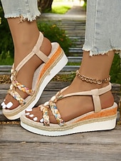 preiswerte Espadrillesandalen-Damen-Boho-Plateau-Keilsandalen – geflochtene Riemchensandalen mit Edelsteinakzenten für Freizeit, Strand und Urlaub