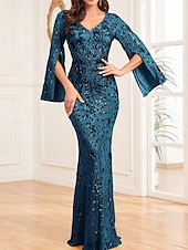 tanie Suknie wieczorowe-Syrena Sukienki na Quinceanera Elegancja Sukienka Ślub Gość weselny Sięgająca podłoża Długi rękaw W serek Spandeks z Cekin 2025