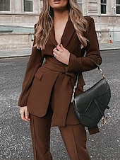 cheap Mom&#039;s Pant Suits-Pantsuit Mother of the Bride  Elegant Shirt Collar Ankle Length Polyester Long Sleeve with Solid Color 2025