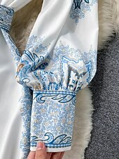 abordables Robes Bohémiennes-Femmes Robe Midi Robe bohème Mode Fête Sortir Week-end Coupe régulière Fleur manche longue Col de chemise Noir Bleu Abricot Été