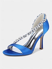 abordables Sandales de Robe-Escarpins à talons hauts en satin champagne pour femmes avec bride en T en cristal – élégants talons aiguilles à bout ouvert pour cocktails et événements formels