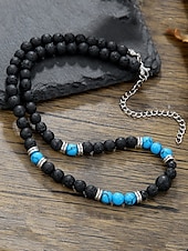 abordables Bijoux pour hommes-Collier de perles en pierre naturelle fait main pour homme – ras du cou style bohème vintage turquoise et agate noire, bijoux tribaux pour la plage, les voyages et les tenues décontractées
