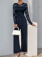billiga Mammas jumpsuits-Jumpsuit  Byxdress Brudens Mor Elegant Avslappnad Juvel Hals Golvlängd Polyester Lång Ärmar med Spets 2025