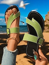 levne Sandály na dovolenou-dámské trendy zelené croc – sandály s reliéfem – dvojité – páskové, tanga – obuv ve stylu dámských plážových výletů, letních procházek a příležitostných setkání