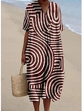 preiswerte Streifen- und geometrisches Kleid-Damen Midikleid Sommerkleid A Linie Kleid Urlaub Lässig Strand Ausgehen Lässiger Schnitt Grafik Geometrisch Kurzarm V Ausschnitt Weinrot Orange cremefarben Dunkelgray Sommer