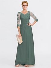 economico Lunghezza del pavimento-ts beach wedding a-line madre della sposa abito da sposa invitata elegante taglie forti trasparente scollo a V lunghezza pavimento chiffon mezza manica con applicazioni drappeggio laterale 2025