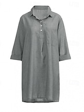 economico disegnare abiti in cotone e lino-Per donna Mini Abito Abiti ispirati al lino Abito in cotone e lino Classico Quotidiano Ferie Uscire Vestibilità regolare Semplice Manica 3/4 Colletto a Camicia Nero Verde Cachi Grigio Estate