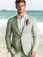 preiswerte Hochzeitsanzüge-Herren Strandhochzeits Leinenanzüge Salbeigrün Mode Lässig Sommer Einfarbig Standardpassform 2-teilig Einreiher Zwei Knöpfe