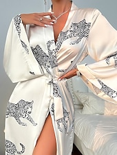 abordables Chemises de nuit et nuisettes pour femmes-Femme Pyjamas Vêtements d&#039;intérieur robe Décontractées Confort Animal Fermeture Avant Gilet Intérieur du quotidien Robe longue Col V Noir Blanche Eté Printemps Automne Hiver Ample