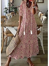 billige Boho-kjoler-Dame Lang kjole Maxikjole Boho-kjole Print kjole Peplum kjoler Romantikk Klassisk Elegant kjole Puffermer Feriereise Ut på byen Vårkjole Løstsittende Grafisk Blomsternål i krystall Halvlange ermer