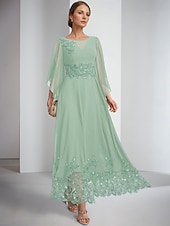 cheap Ankle Length-A-Line Dress Ankle Length Party Dress Cocktail Dress Long Sleeve Jewel Neck Elegant Sparkle &amp; Shine Formal Chiffon Mother of the Bride Dress with Lace Embroidery Solid Color