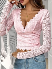 billiga Spets toppar-Dam Skjorta Blus Slät Stylish Sexig Modern Långärmad V-hals Vanliga toppar Dagligen Helgdag Spets Lappverk Svart Vit Rodnande Rosa Rubinrött Marinblå Sommar Vår