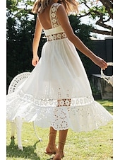 cheap White Graduation Dresses-Women&#039;s Midi Dress White Dress Graduation Dress Elegant Fashion Modern Vacation Birthday Going out Regular Fit Plain Sleeveless U Neck White Summer