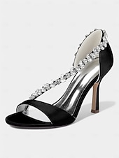 abordables Sandales de Robe-Escarpins à talons hauts en satin champagne pour femmes avec bride en T en cristal – élégants talons aiguilles à bout ouvert pour cocktails et événements formels