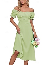 abordables Robes de vacances-Femmes Robe Midi Robe en coton et lin Mode Basique Moderne Quotidien Fête Sortir Coupe régulière Uni Manche Courte Épaules Dénudées Vert Claire Bleu Roi Violet Marron Été