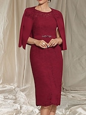 abordables Longueur du thé-Robe Deux Pièces Moulante  Colonne Mère de la Mariée Robe Invité de Mariage Élégante Col Ronde Longueur Thé Manches 3/4 avec Dentelle perles Robe Midi