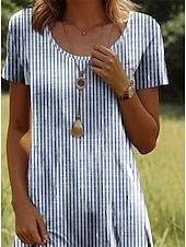 cheap Stripe&amp;Geometric Dress-Women&#039;s Mini Dress Petite Dress Casual Dress T Shirt Dress Tee Dress A Line Dress Summer Dress Stylish Casual Vacation Casual Daily Regular Fit Graphic Stripe Short Sleeve Crew Neck Light Blue Summer