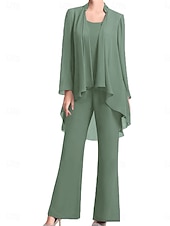 economico Sotto 129,99 $-Pantaloni Abito Madre della Sposa Ospite Matrimonio Elegante Semplice Collo Gioiello Lunghezza del Pavimento Chiffon Manica Lunga con Colore Solido