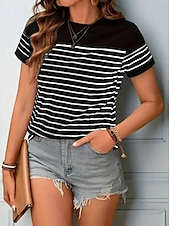 preiswerte Streifen- und geometrisches T-Shirt-Damen T Shirt Gestreift Brautkleider schlicht Kurzarm Rundhalsausschnitt Normale Oberteile Täglich Ausgehen Wochenende Bedruckt Schwarz Weiß Sommer