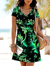 cheap Art&amp;Design Dress-Women&#039;s Mini Dress T Shirt Dress Tee Dress A Line Dress Summer Dress Casual Daily Regular Fit Floral Graphic Short Sleeve Crewneck Blue Fuchsia Green Summer Spring