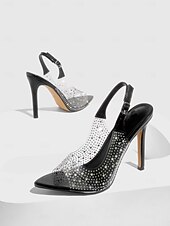 economico Sandali Eleganti-tacchi alti con cinturino posteriore in strass trasparenti neri – sandali stiletto sexy per serate e balli di fine anno