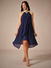 cheap Cocktail Dress-Women&#039;s Knee Length Dress Chiffon Dress Elegant Stylish Flowy Party Date Regular Fit Solid Color Sleeveless Halter Neck Navy Blue Summer