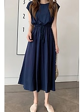economico disegnare abiti in cotone e lino-Per donna Abito Midi Abiti in cotone e lino Moda Classico Moderno All&#039;aperto Quotidiano Ferie Vestibilità regolare Semplice Senza Maniche Girocollo Nero Verde chiaro Verde militare Blu marino Estate