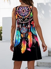 ieftine Rochii boho-Pentru femei Rochie Mini Rochie A line Rochie de vară Vacanță Casual Zilnic Potrivire Largă Grafic Tribal Fără manșon În U Negru Vară