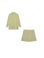 cheap Women’s Short Sets-Women&#039;s Active Basic Shirt Shorts Sets Long Sleeve Shirt Collar Solid Color Dubbele Rij Knopen Holiday Casual Daily Black White Yellow Summer Regular Fit