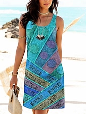 ieftine Rochii cu dungi și geometrice-Pentru femei Rochie Mini Rochie de Vară Rochie de vară Vacanță Casual Zilnic Potrivire Largă Grafic Geometric Buline Fără manșon În U Roz Îmbujorat Roșu-aprins Albastru piscină Vară