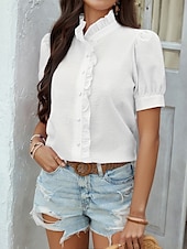 voordelige Dames eenvoudige tops-Dames Overhemd Gestreept Stijlvol Casual Korte mouw Overhemdkraag Normale tops Dagelijks Ruche Knop Afdrukken Wit Blozend Roze blauw Groen Zomer