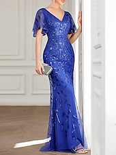 preiswerte Bodenlänge-Meerjungfrauenschnitt Brautmutterkleid Hochzeitsgast Elegant V Ausschnitt Bodenlang Spitze Kurzarm mit Spitze 2025