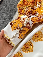 abordables Robes Bohémiennes-Femmes Robe Midi Robe bohème Mode Classique Vacances Sortir Week-end Coupe régulière Fleur manche longue Col de chemise Jaune Été