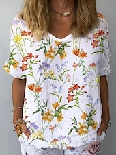 cheap Art&amp;Design Tops-Women&#039;s Shirt Floral Daily Stylish Casual Short Sleeve Crew Neck Regular Tops Daily Holiday Beach Wear Print White Yellow Red Purple Summer Spring