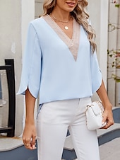 economico Top Semplici da Donna-Blusa da donna a tinta unita elegante casual maniche 3/4 colletto a V top regolari abbigliamento da giorno pizzo patchwork nera bianca rosa blu verde estate primavera