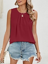 billige Tanks og camisole til kvinner-Dame Skjorte Bluse Helfarge Stilfull Fritid Ermeløs Crew-hals Vanlige topper Daglig Svart Hvit Rosa Vin Grønn Sommer Vår