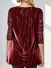 abordables Tops elegantes-Blusa básica metalizada para mujer con estampado brillante, manga larga, cuello en V, fiesta, año nuevo, amarillo, gris, primavera y otoño